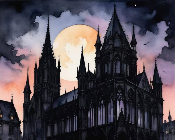 Gothic Cathedral Watercolor with Spires and Moonlight
