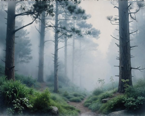 Tranquil Misty Forest Scene with Tall Pine Trees