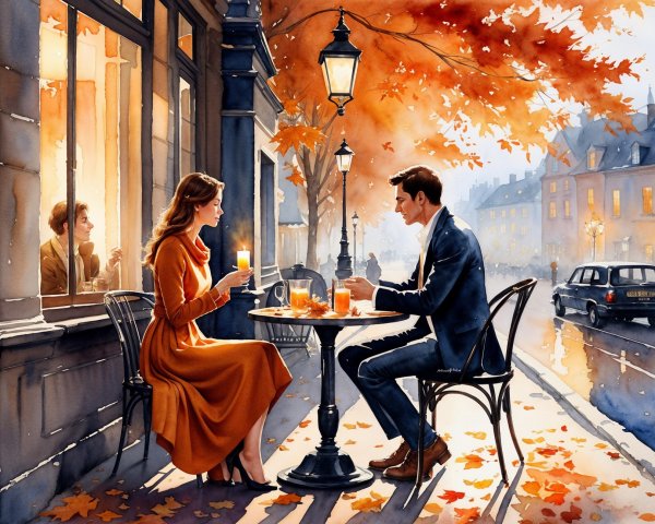 Cozy Autumn Café Scene with Couple and Fall Leaves