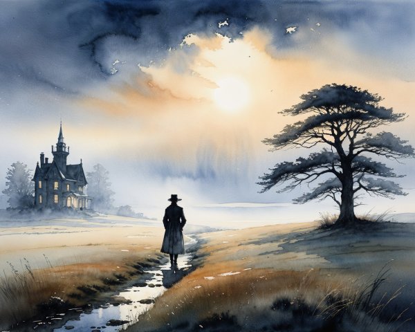 Solitary figure walks a winding path by a mansion
