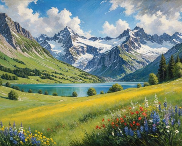 Snow-Capped Mountains and Tranquil Lake Landscape