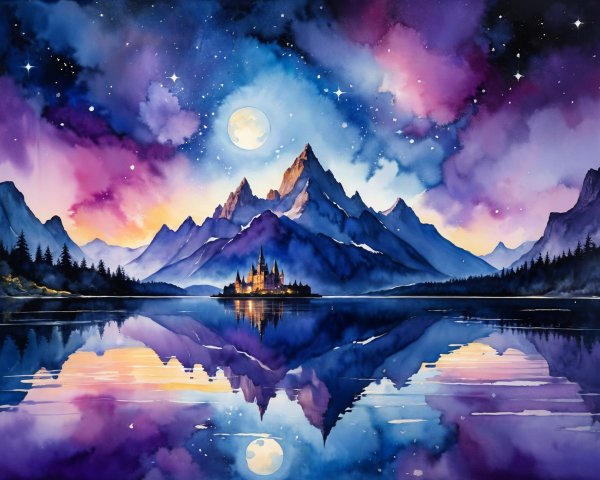Watercolor Landscape of Mountains and Castle at Night