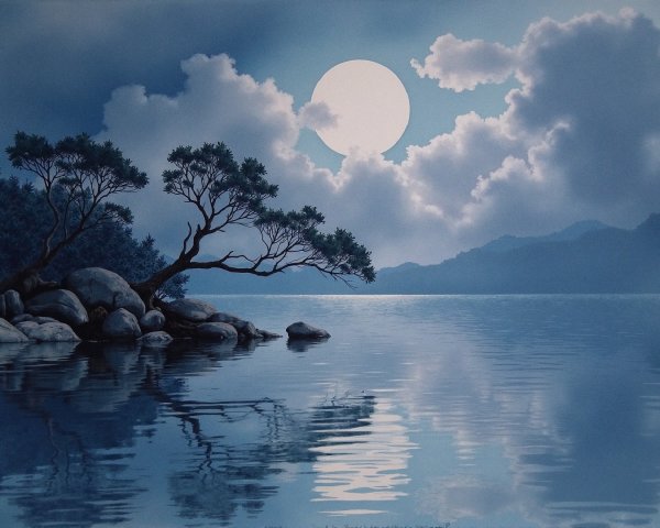 Tranquil Lake Landscape Under Full Moon and Clouds