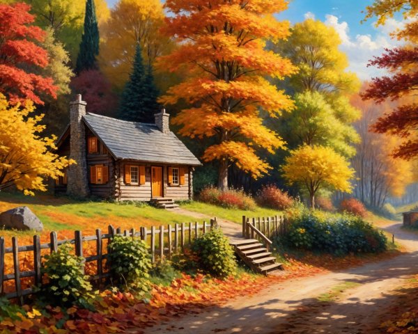 Log Cabin in Vibrant Autumn Landscape with Trees
