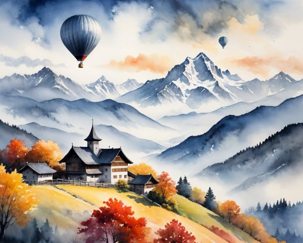 Watercolor Landscape with House and Autumn Foliage