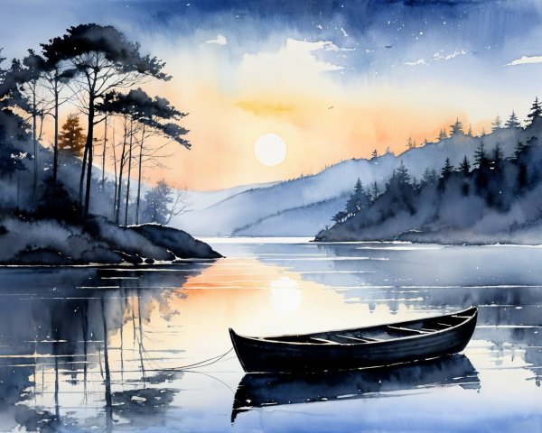 Serene Landscape with Lake, Sunrise, and Pine Trees