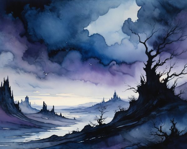 Mystical Landscape with Dramatic Sky and Mountains