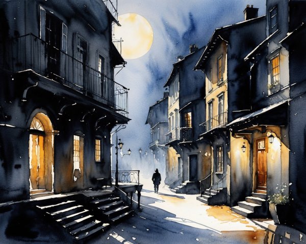Serene Night Scene in a Quaint Village with Moonlight