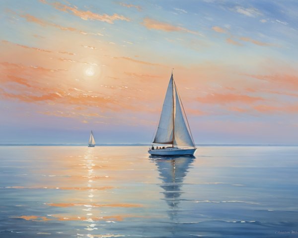 Serene Sunset Seascape with Sailboats and Calm Waters