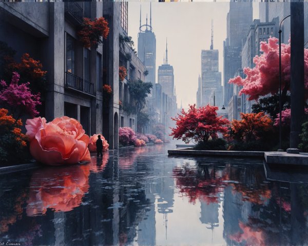 Urban Serenity with Skyscrapers and Blossoming Flowers