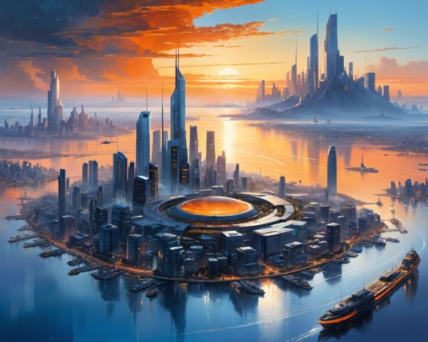 Futuristic cityscape at sunset with skyscrapers and water