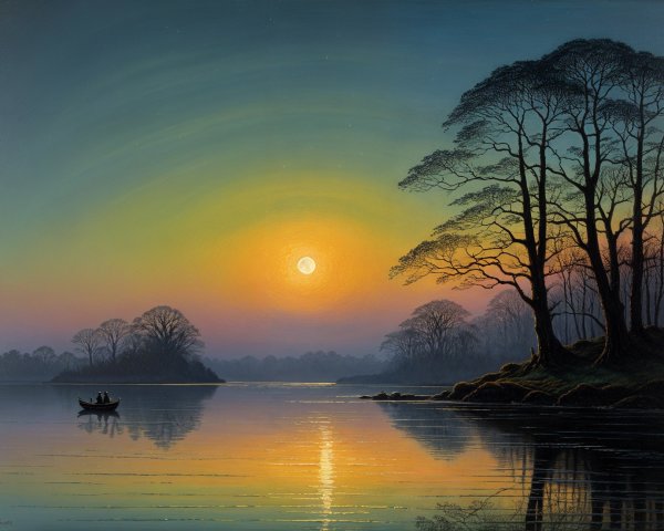 Twilight River Scene with Moonlit Reflections