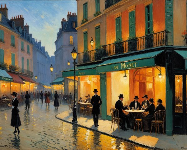 Parisian Café Scene on a Rainy Evening