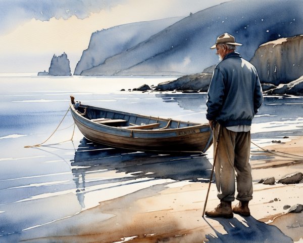 Elderly Man on Beach with Anchored Wooden Boat