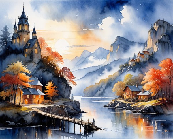 Twilight Lakeside Landscape with Mountains and Castle