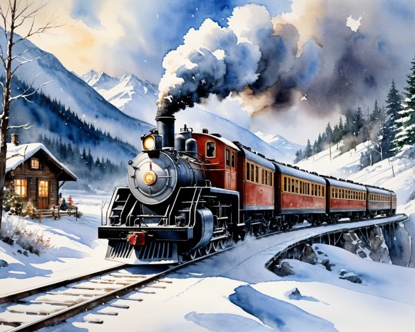Vintage steam train on snowy track with mountains