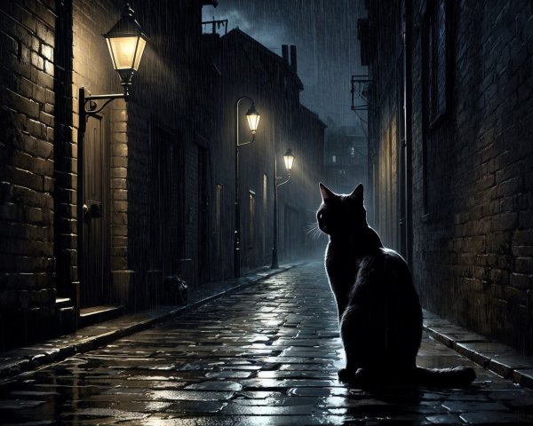 Mysterious Rainy Alleyway with Black Cat Silhouette