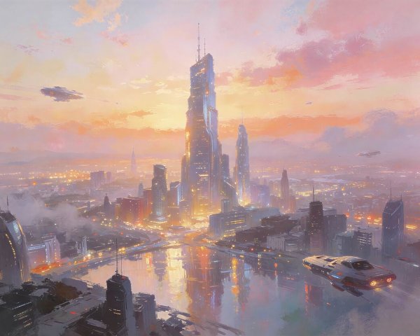 Futuristic cityscape with twisting skyscrapers at sunset