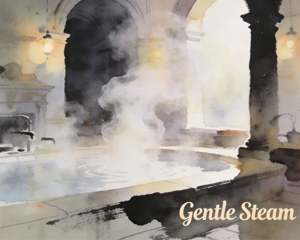 Watercolor Painting of a Roman Bath with Steaming Pool