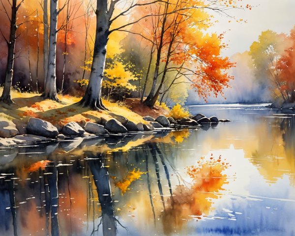 Serene Autumn Landscape with Reflective River Scene