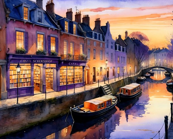 Charming Canal-Side Bookstore at Sunset