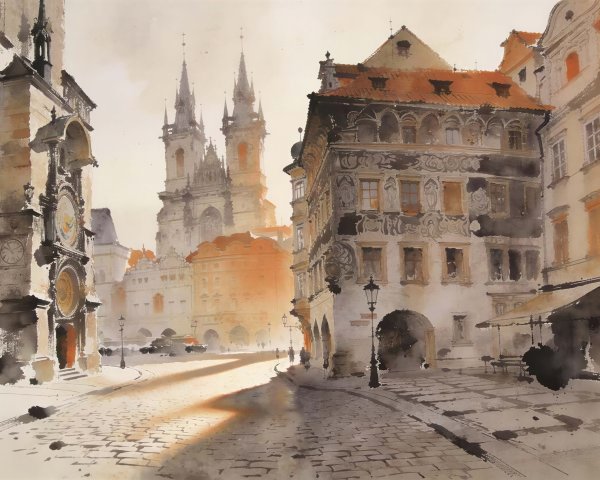 Watercolor Painting of Historic European Street Scene