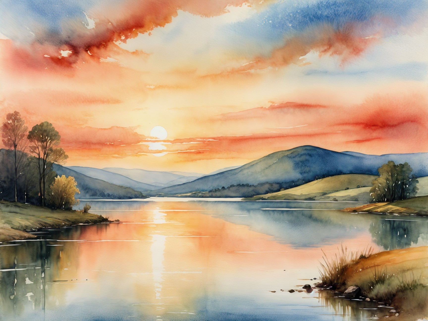Watercolor Landscape of Tranquil Lake at Sunset