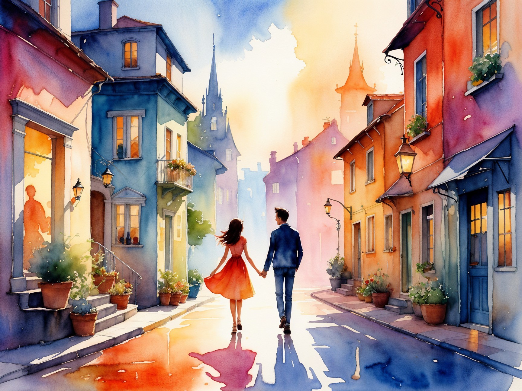Watercolor Scene of Charming Sunset Street with Couples
