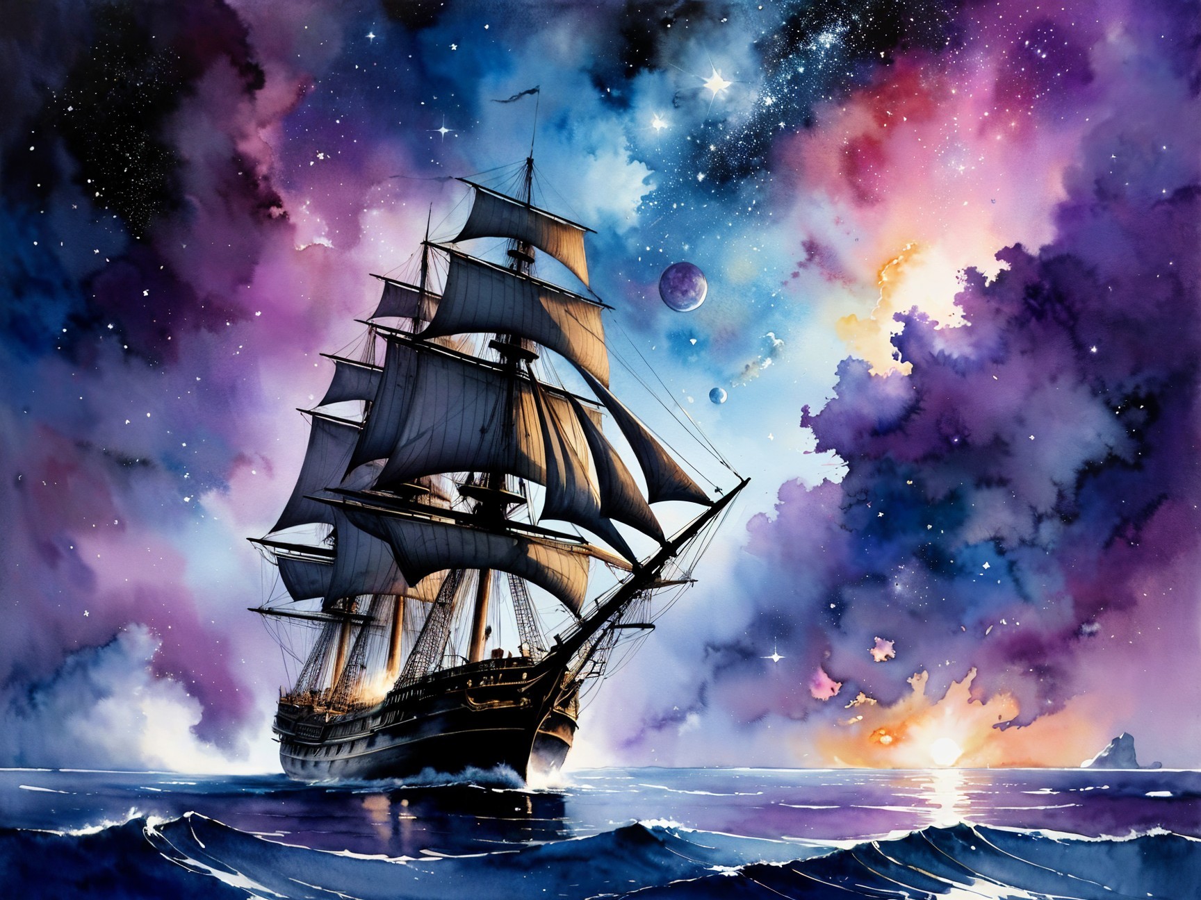 Majestic sailing ship in vibrant cosmic waters