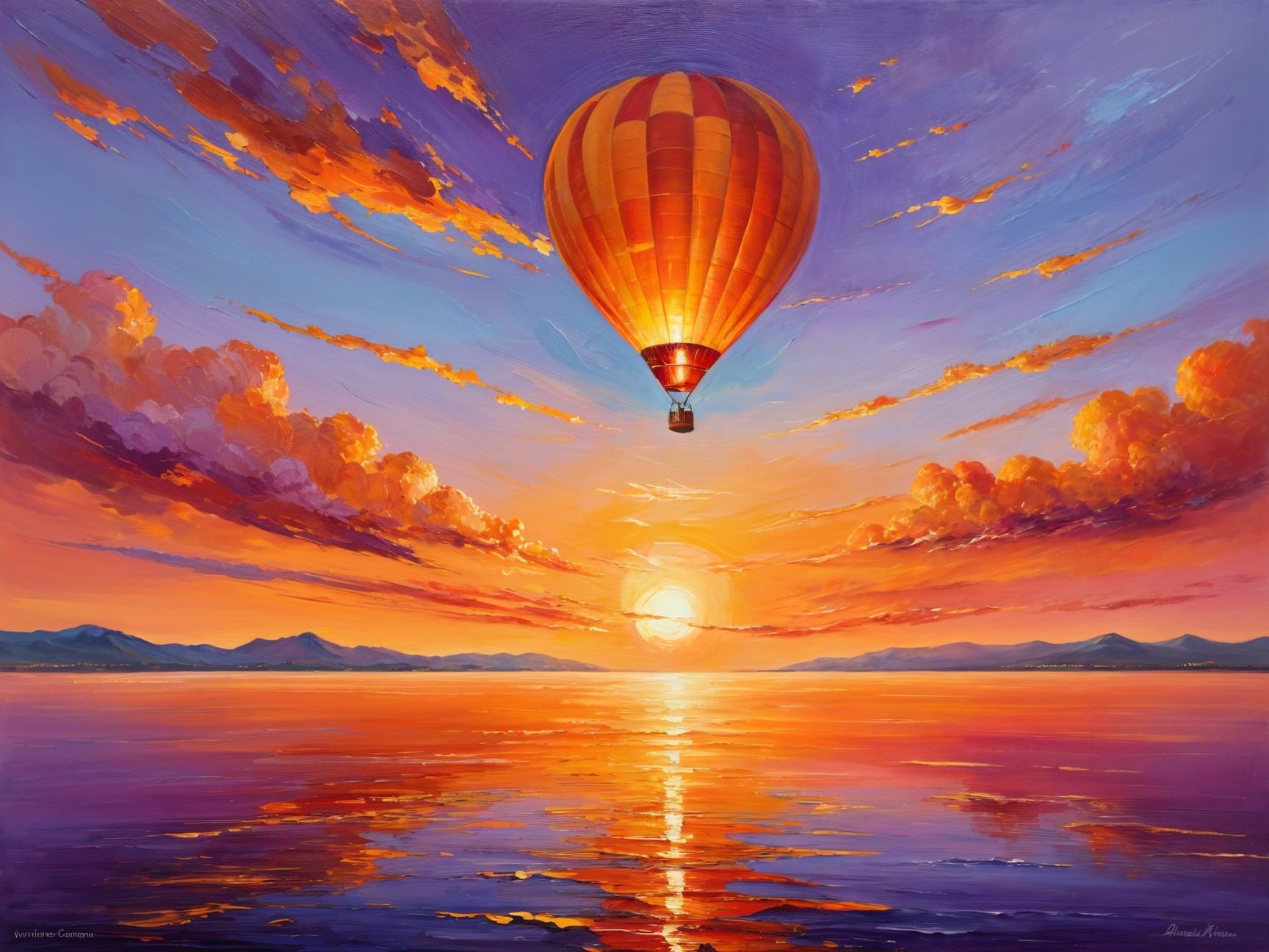 Vibrant Sunset with Hot Air Balloon Over Calm Water