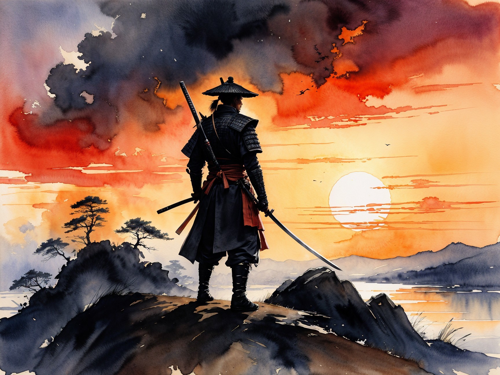 Lone Samurai Silhouetted Against Vibrant Sunset