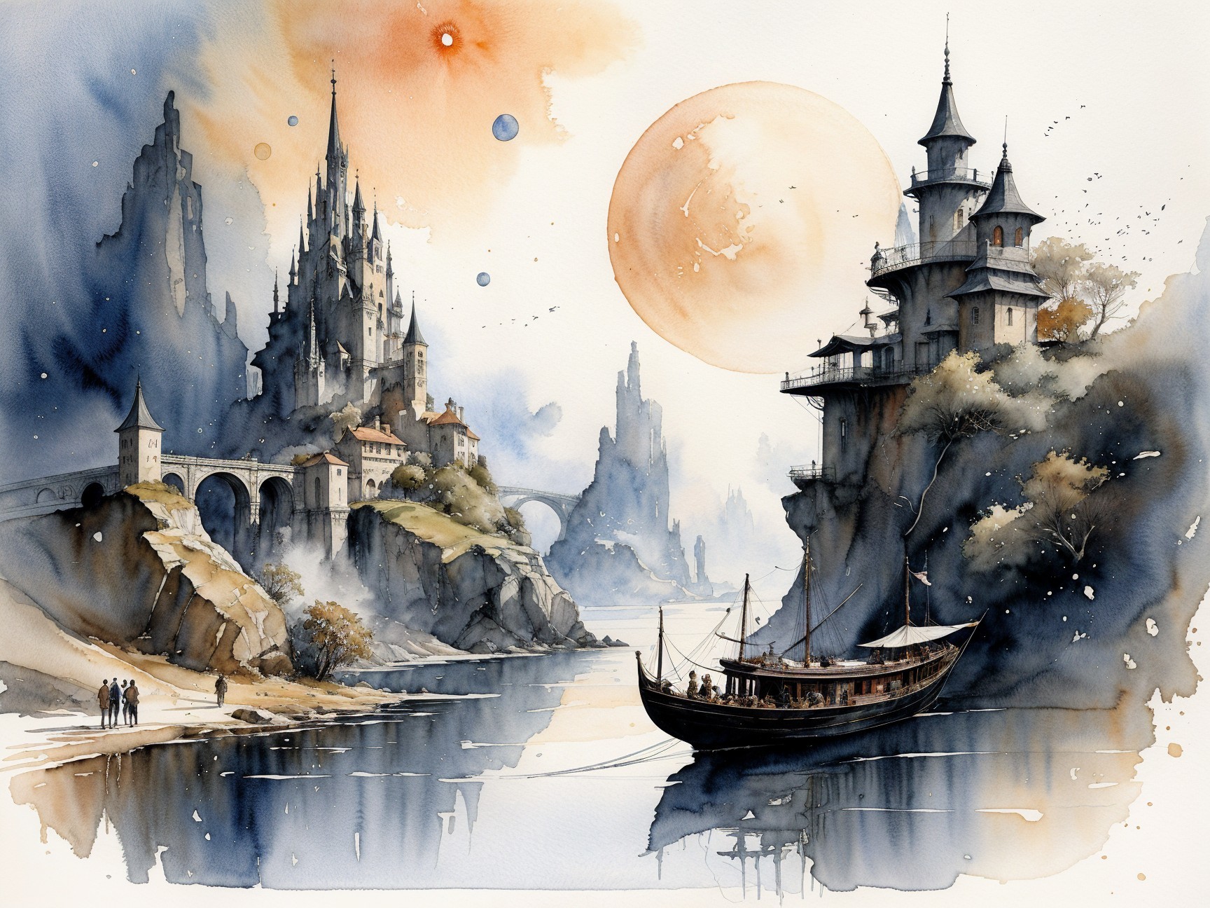 Majestic Castle Landscape with River and Mist
