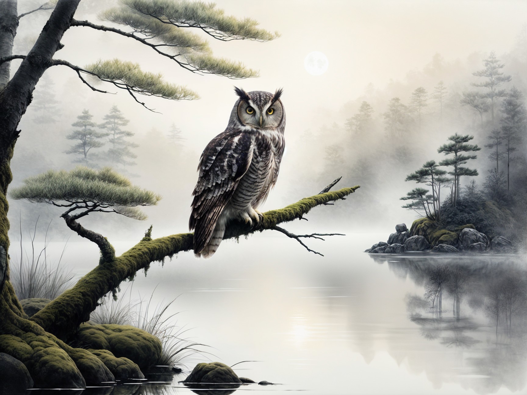 Majestic owl on a mossy branch by a tranquil lake