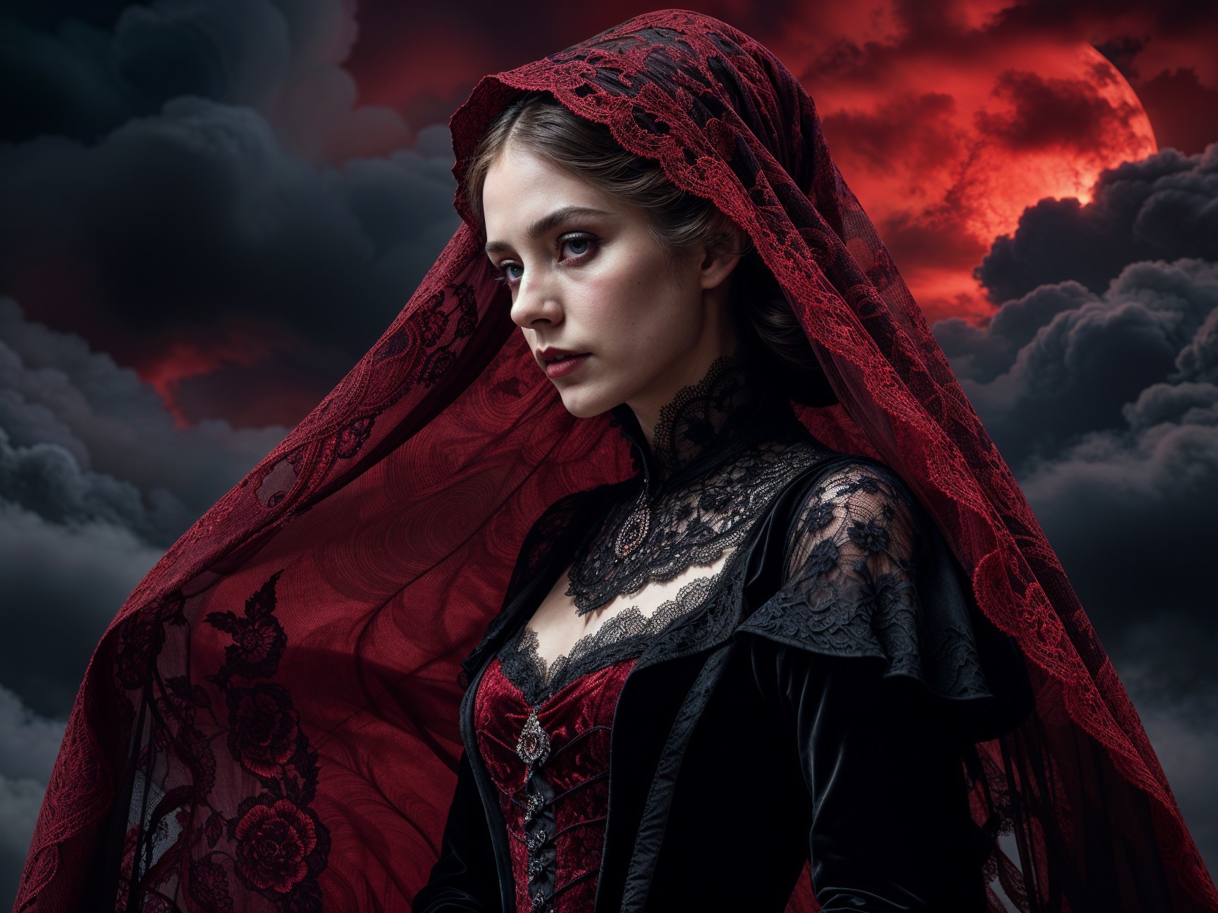 Mysterious Figure in Velvet Dress with Crimson Moon