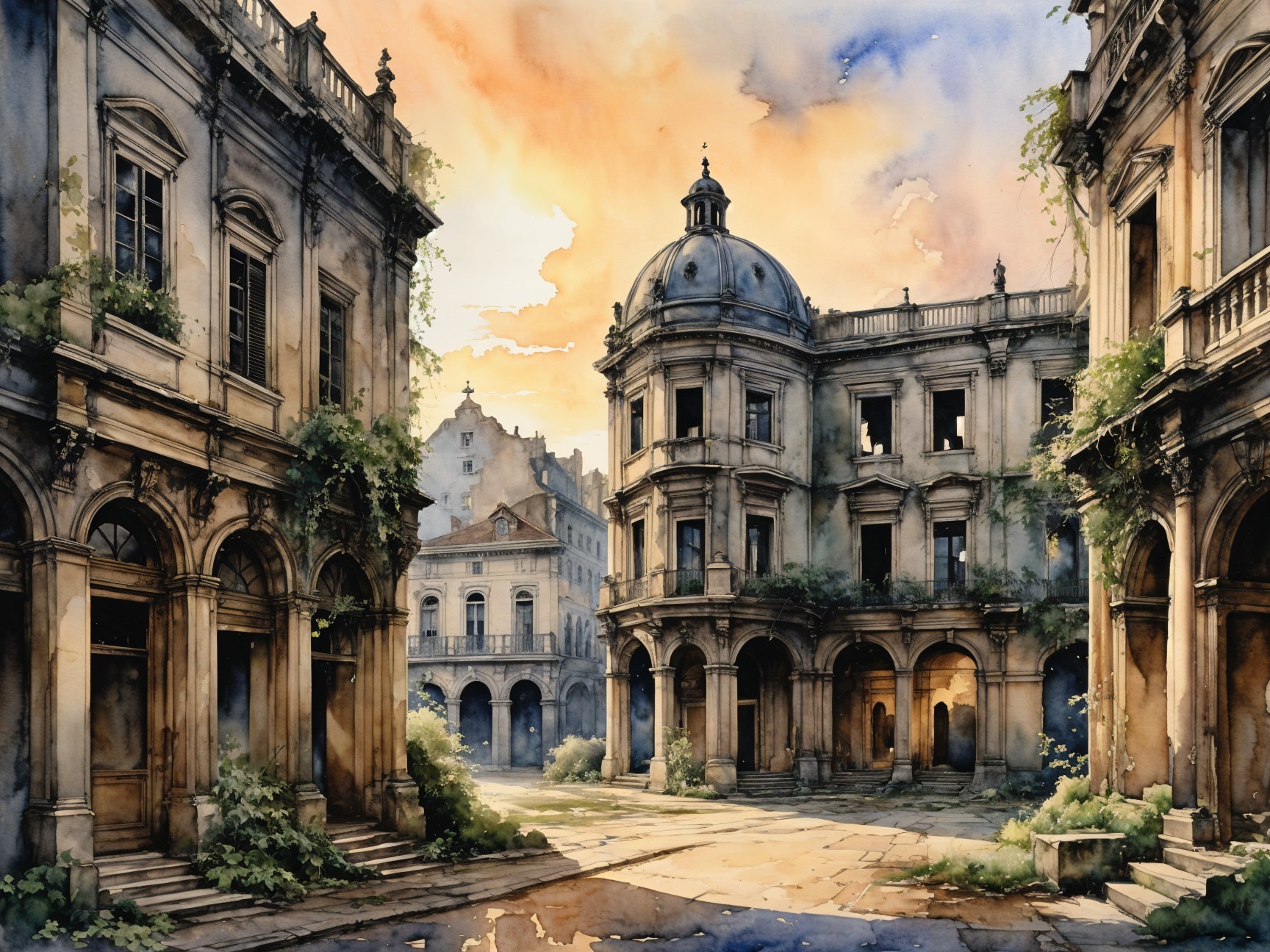Watercolor of an Abandoned Urban Courtyard at Sunset