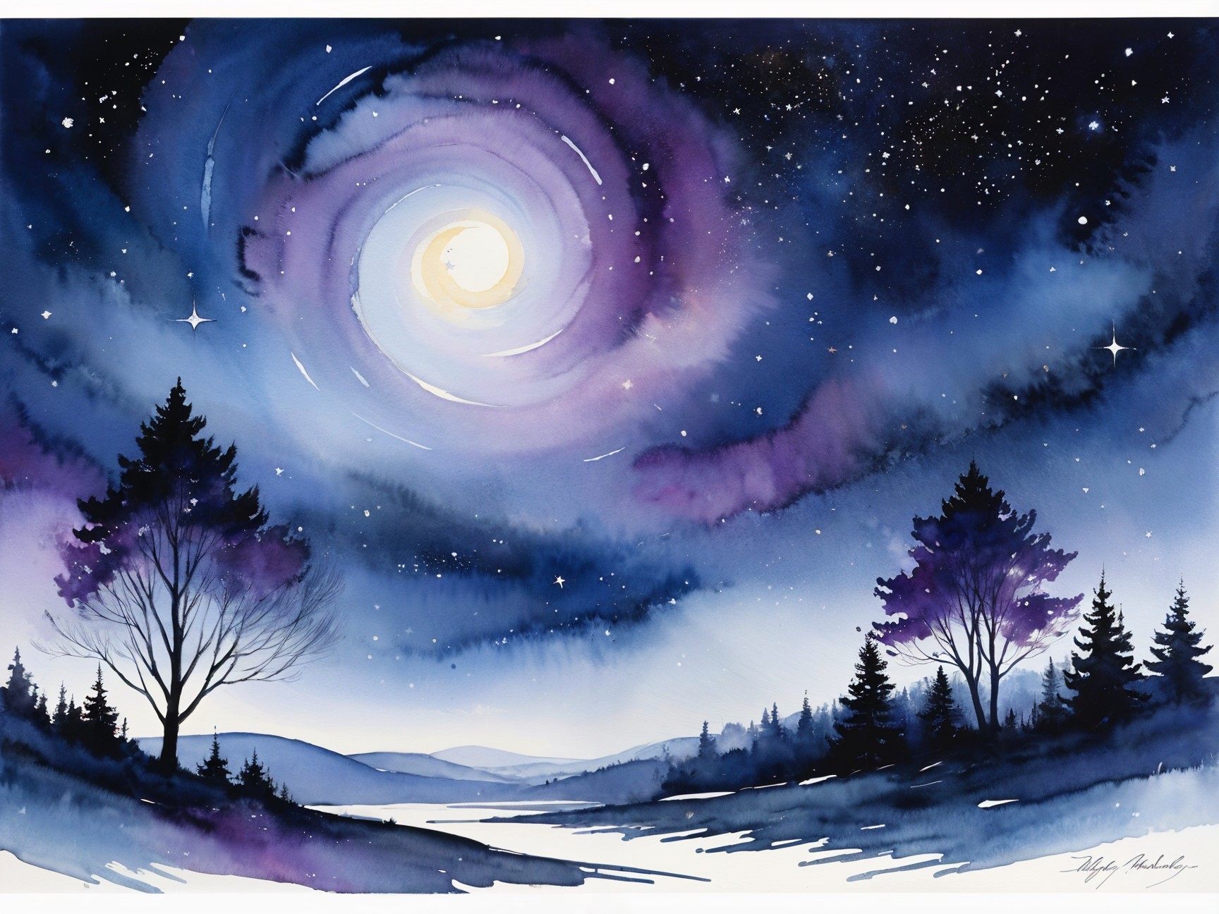 Serene Night Scene with Galaxy and Moonlit Landscape