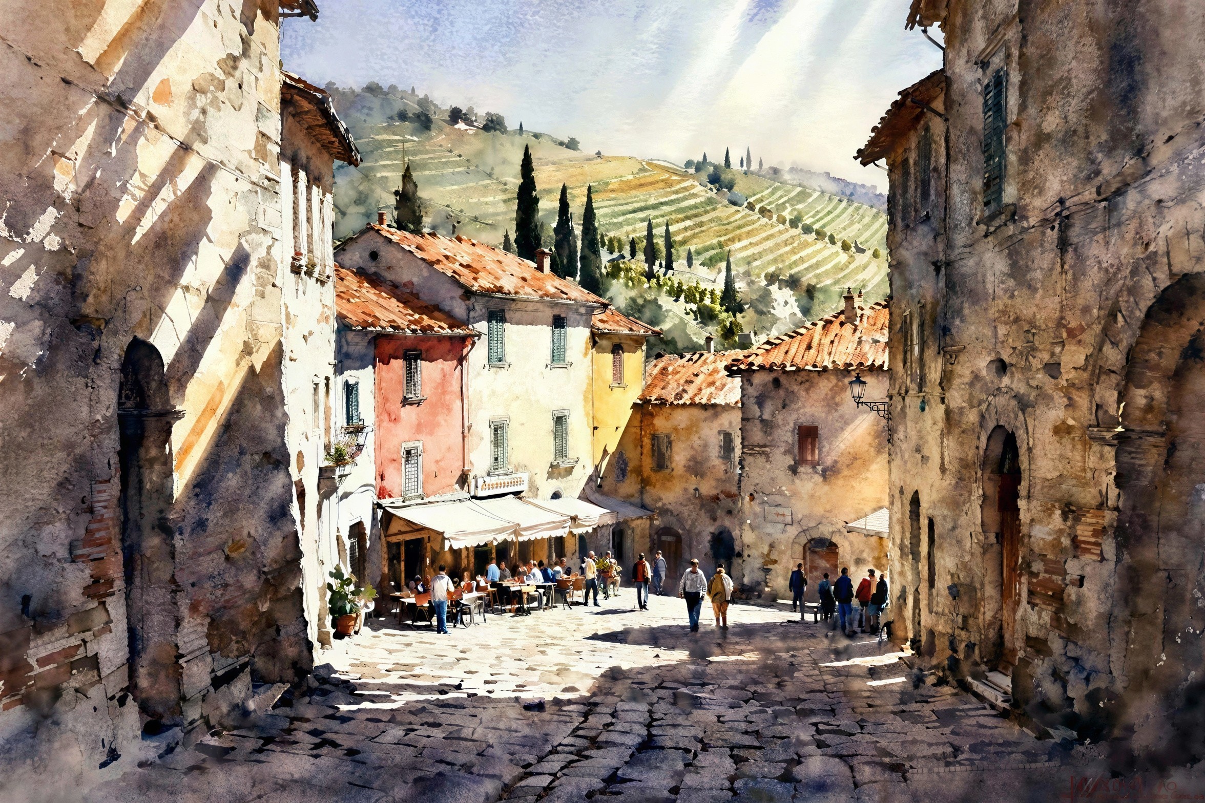 Vibrant Watercolor of Italian Town Square Scene