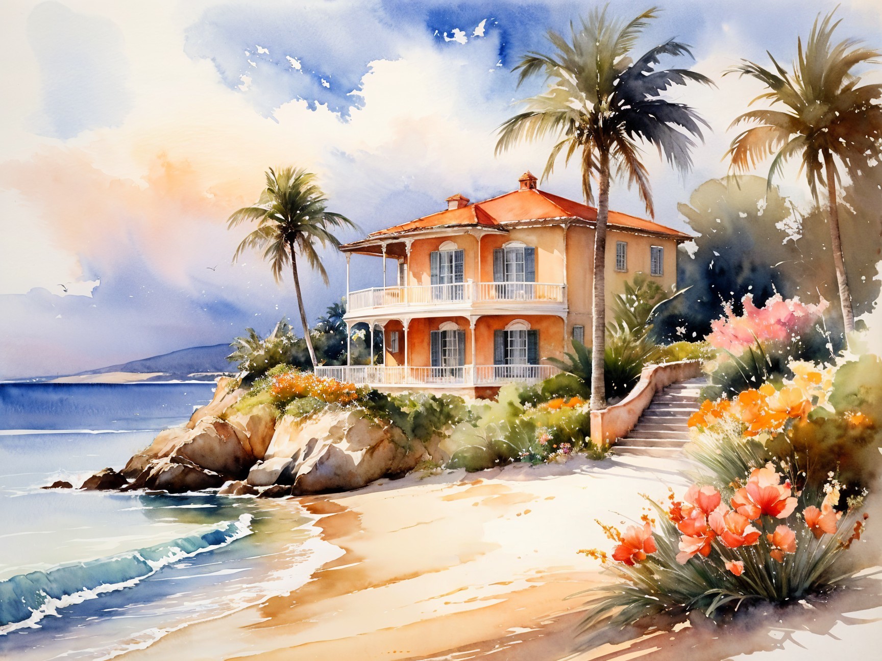 Watercolor Beach Scene with Villa and Vibrant Flowers