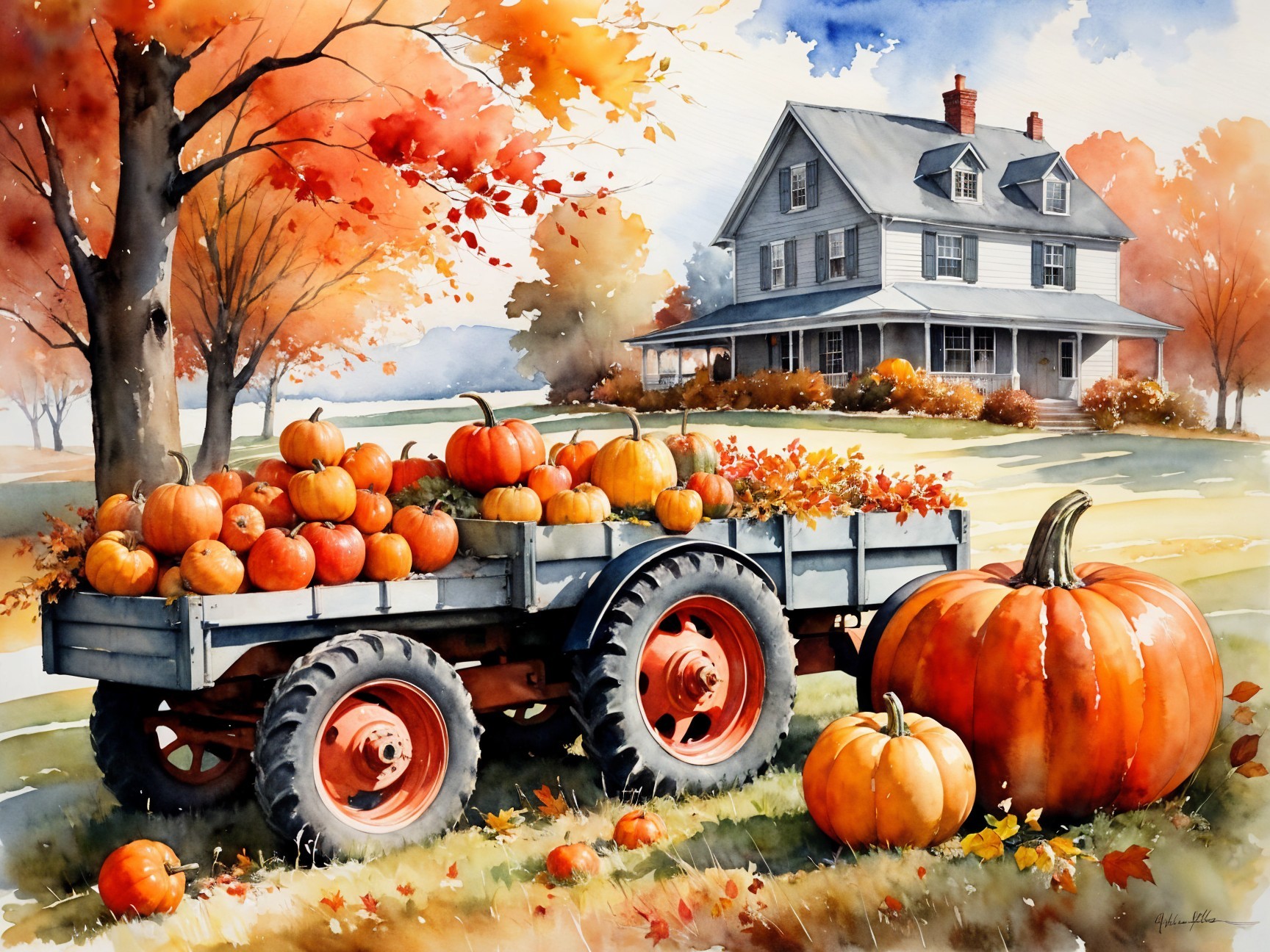 Rural Scene with Pumpkins and Autumn Foliage