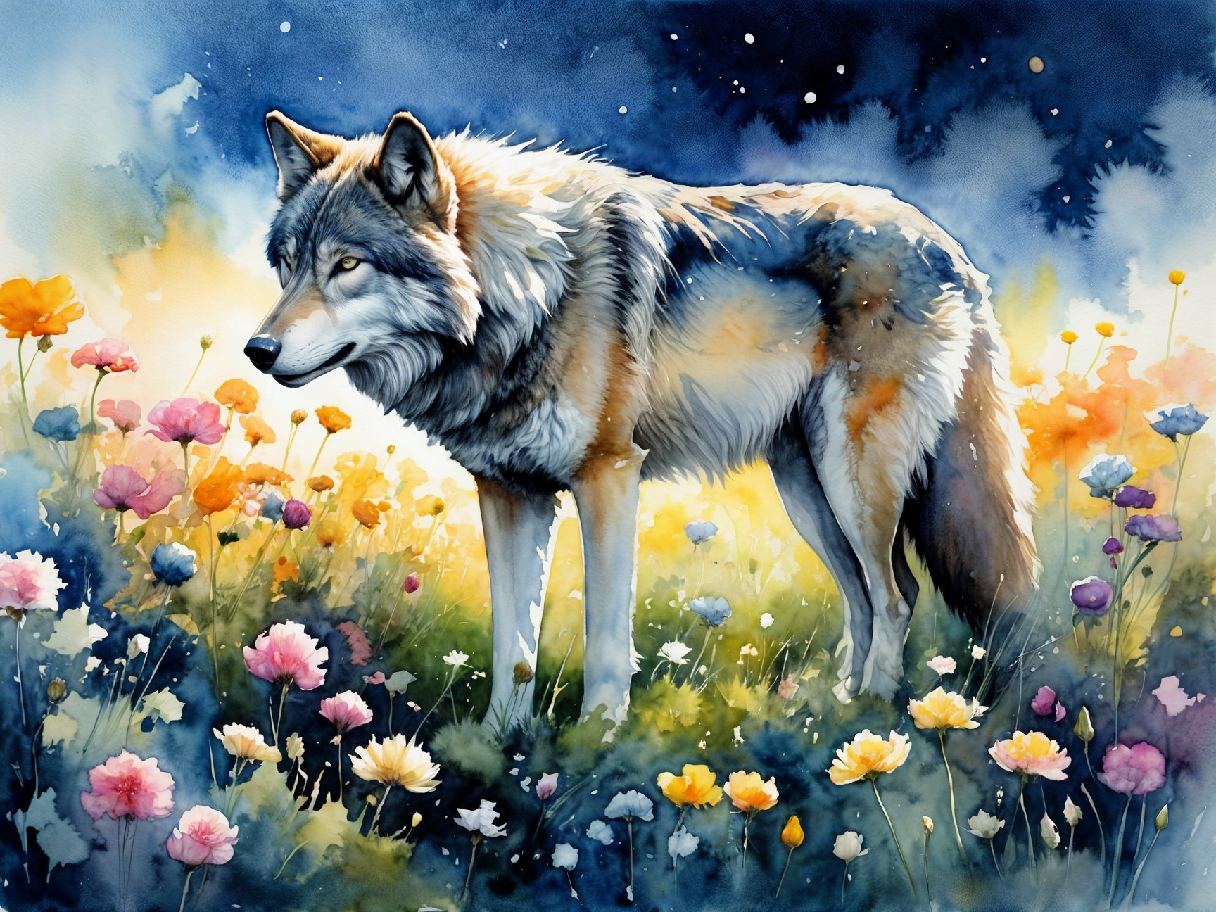 Majestic wolf in a vibrant field of blooming flowers