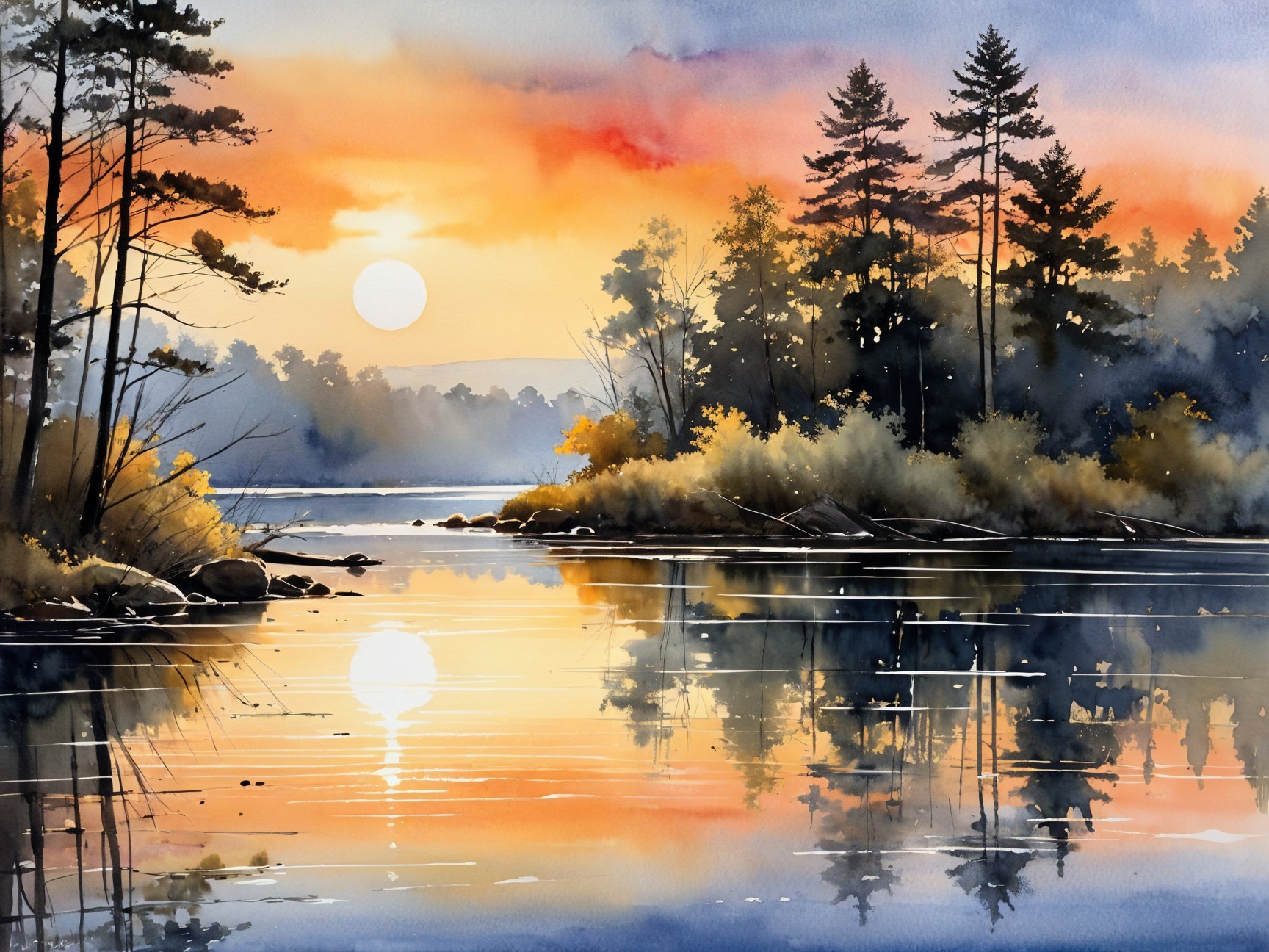 Watercolor of a tranquil lake at sunset
