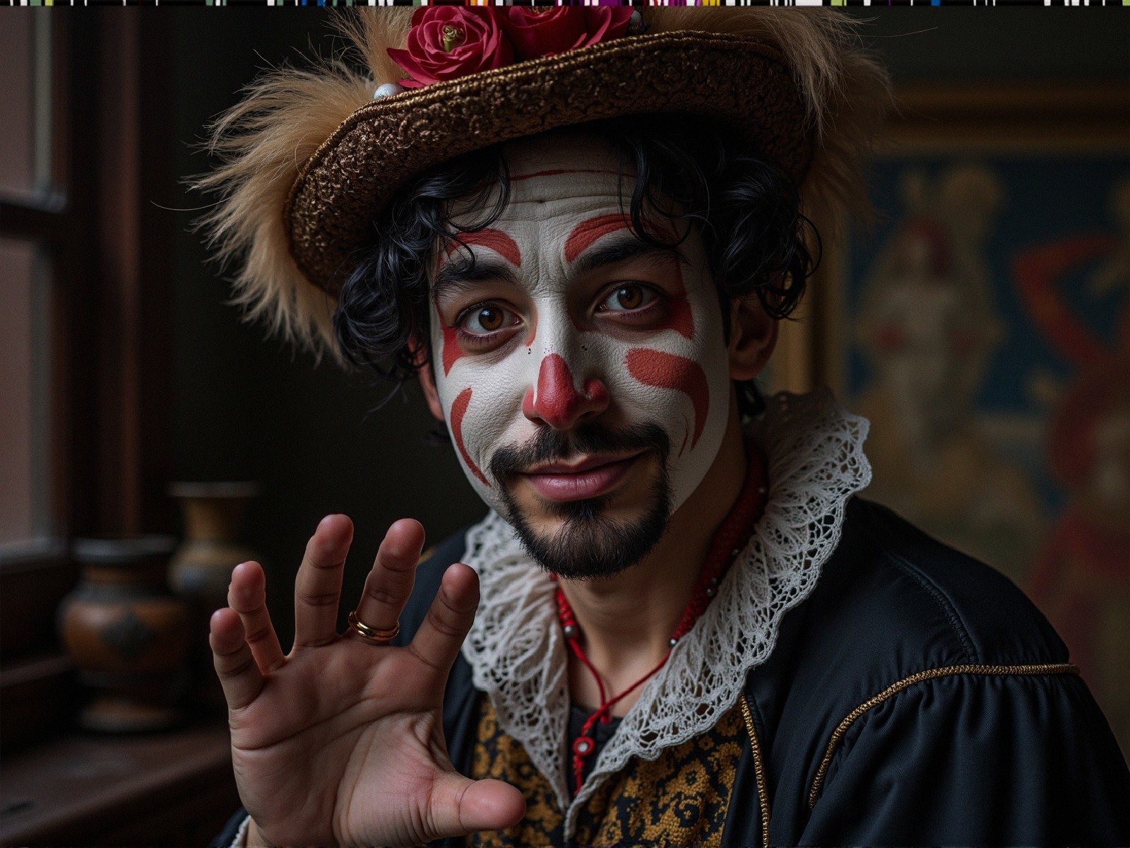 Whimsical Clown with Colorful Face Paint and Costume