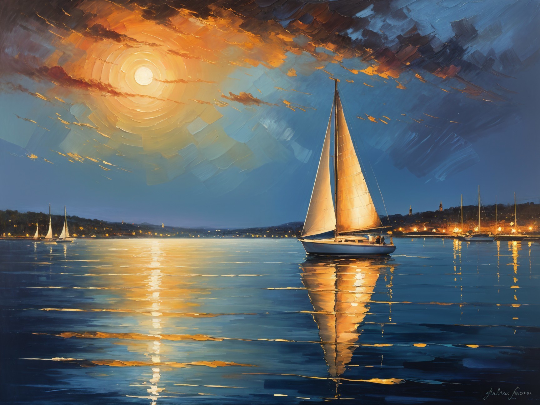 Serene Seascape at Dusk with Sailboat and Reflections