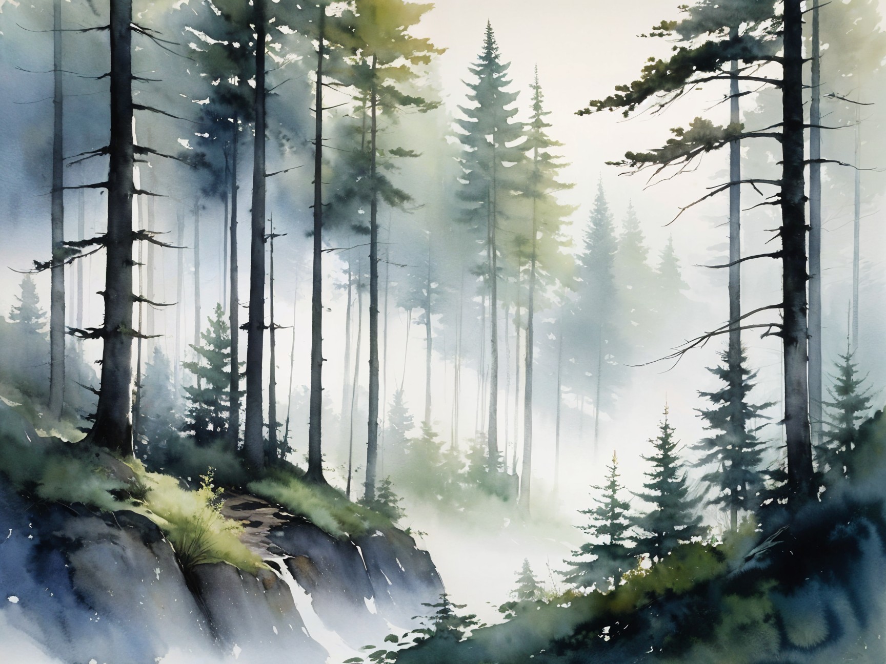 Serene Forest Scene with Misty Light and Tall Trees