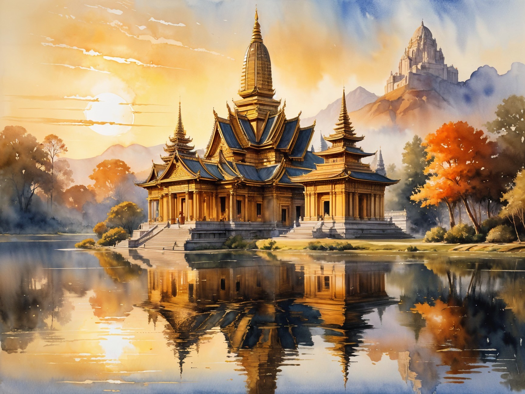 Golden Temple by Serene Lake with Autumn Foliage
