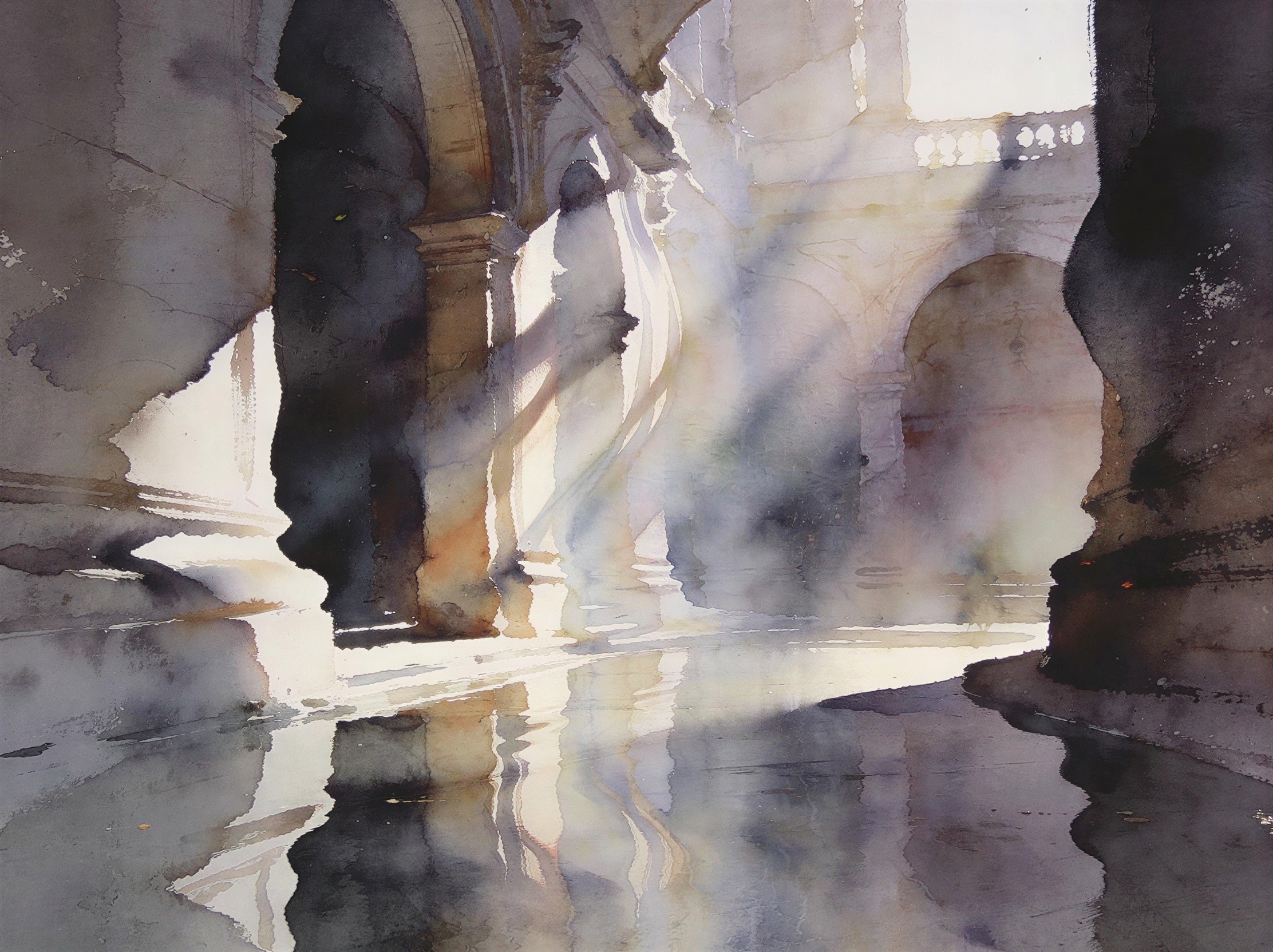 Watercolor Painting of Light in a Columned Hall