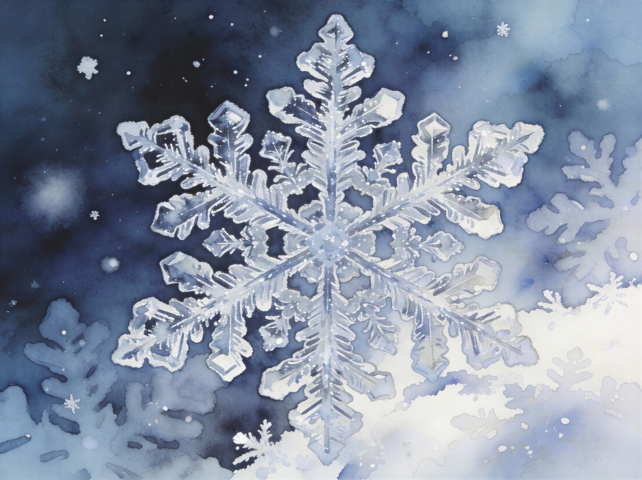 Watercolor Painting of White Snowflake on Blue Background