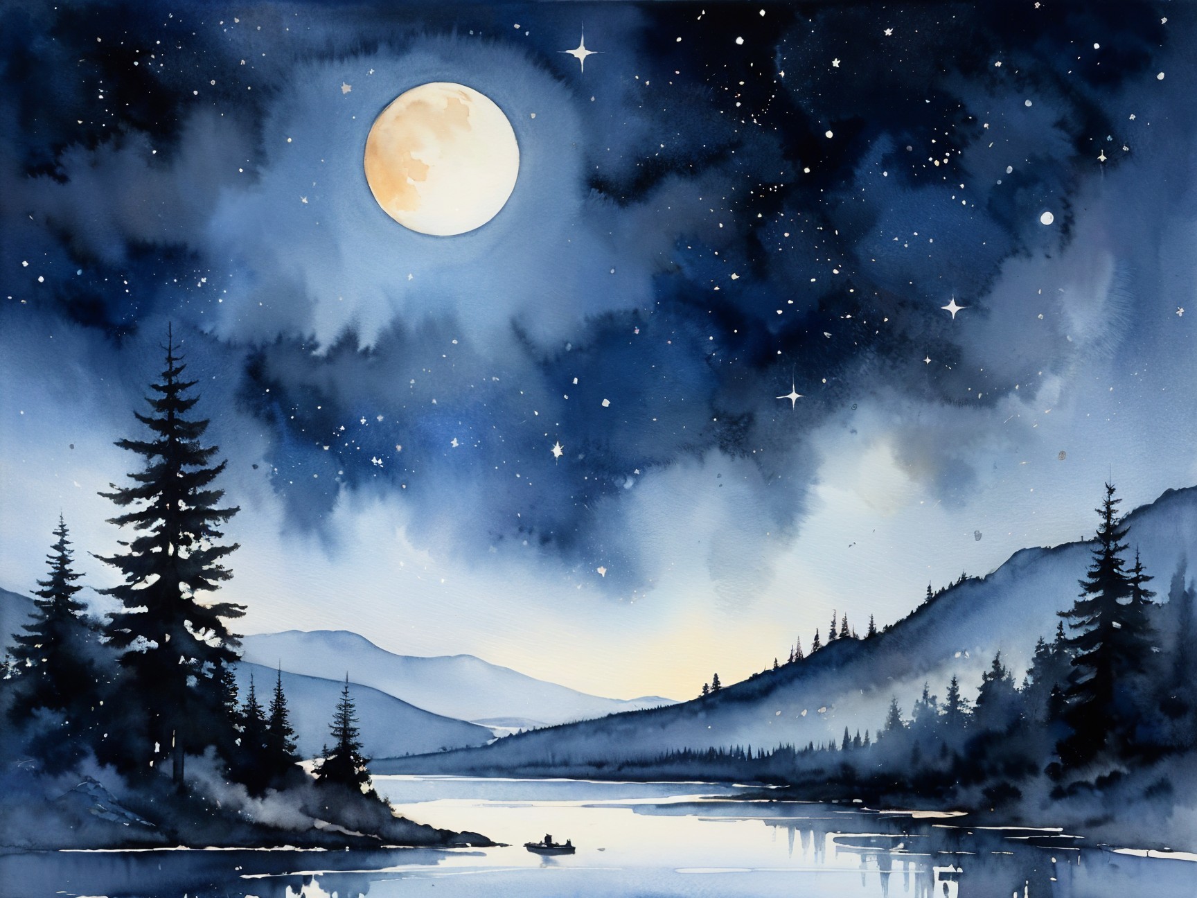 Tranquil Night Scene of Lake and Silhouetted Trees