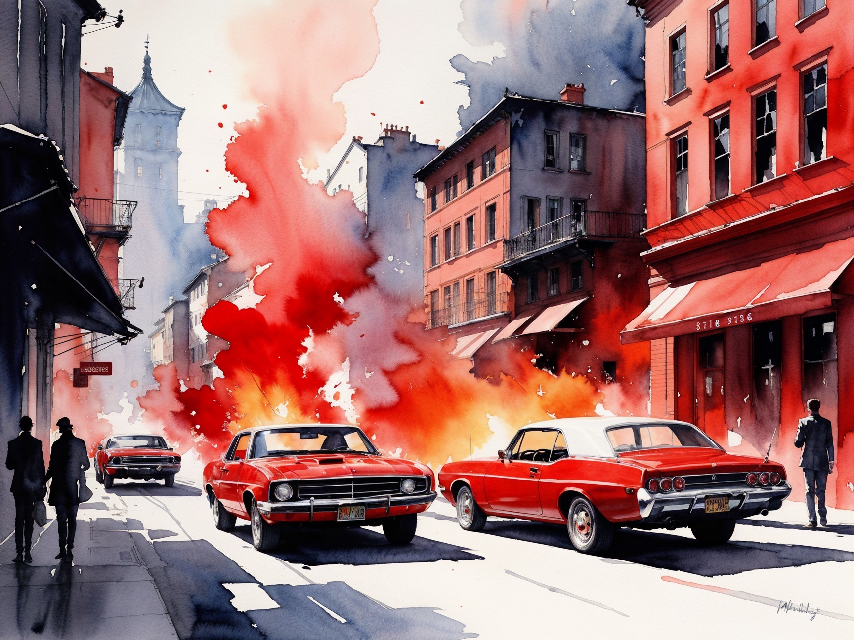 Watercolor Urban Scene with Explosion and Red Cars