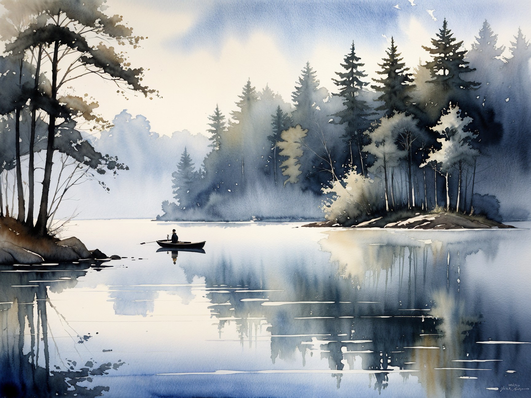 Watercolor Landscape of a Boat on a Tranquil Lake
